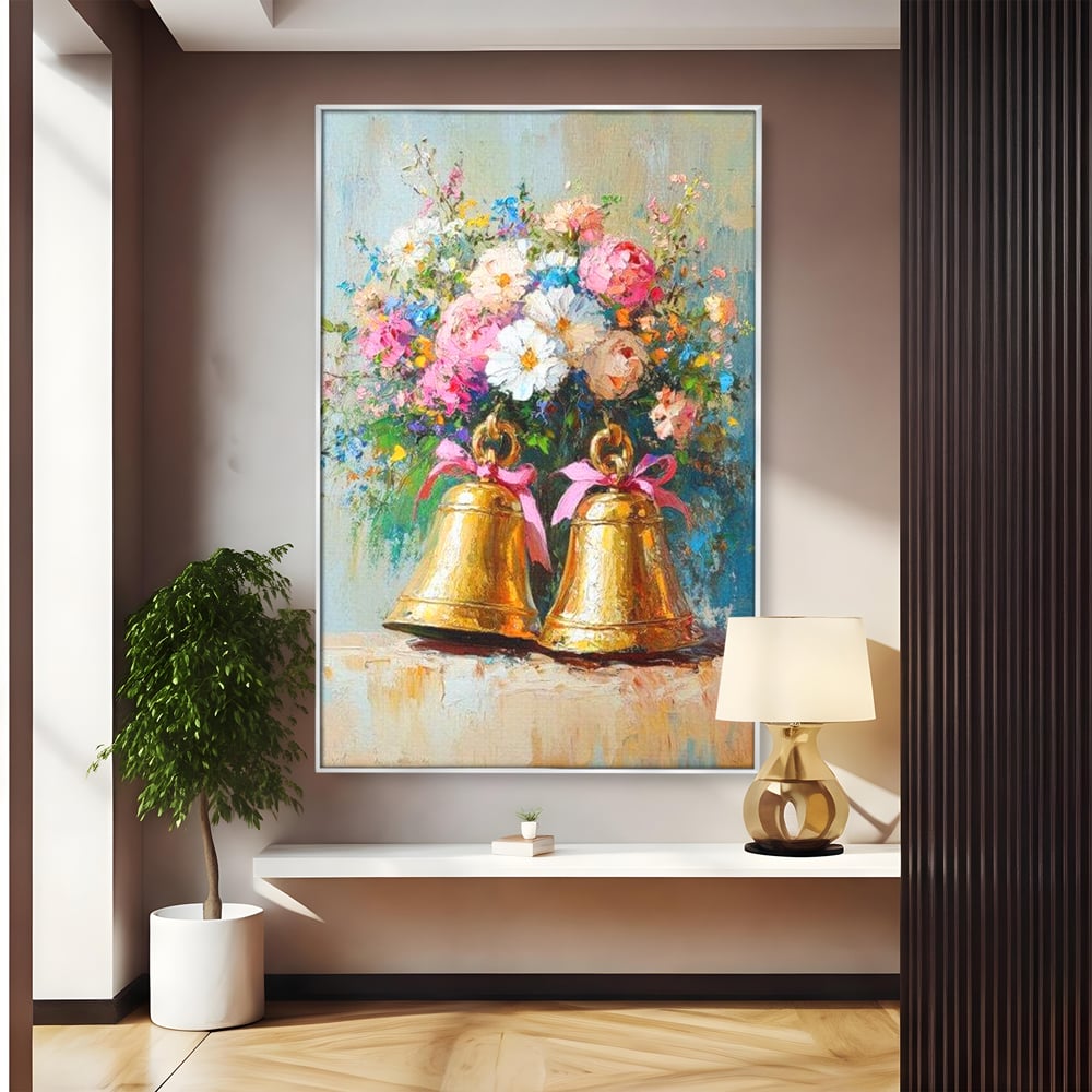 Tablou canvas cu pictura cu clopotei aurii si bujori, in rama de aluminiu argintiu